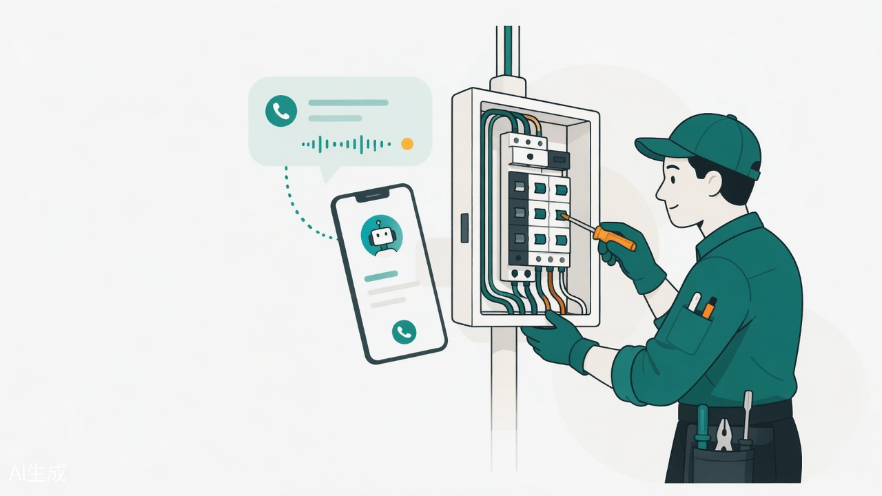 Electrician at a breaker panel while a call is managed