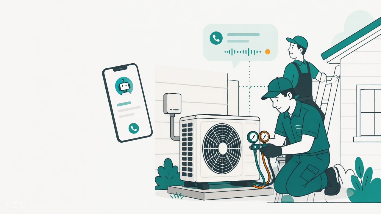 HVAC technician at a condenser unit while a call is handled on the phone